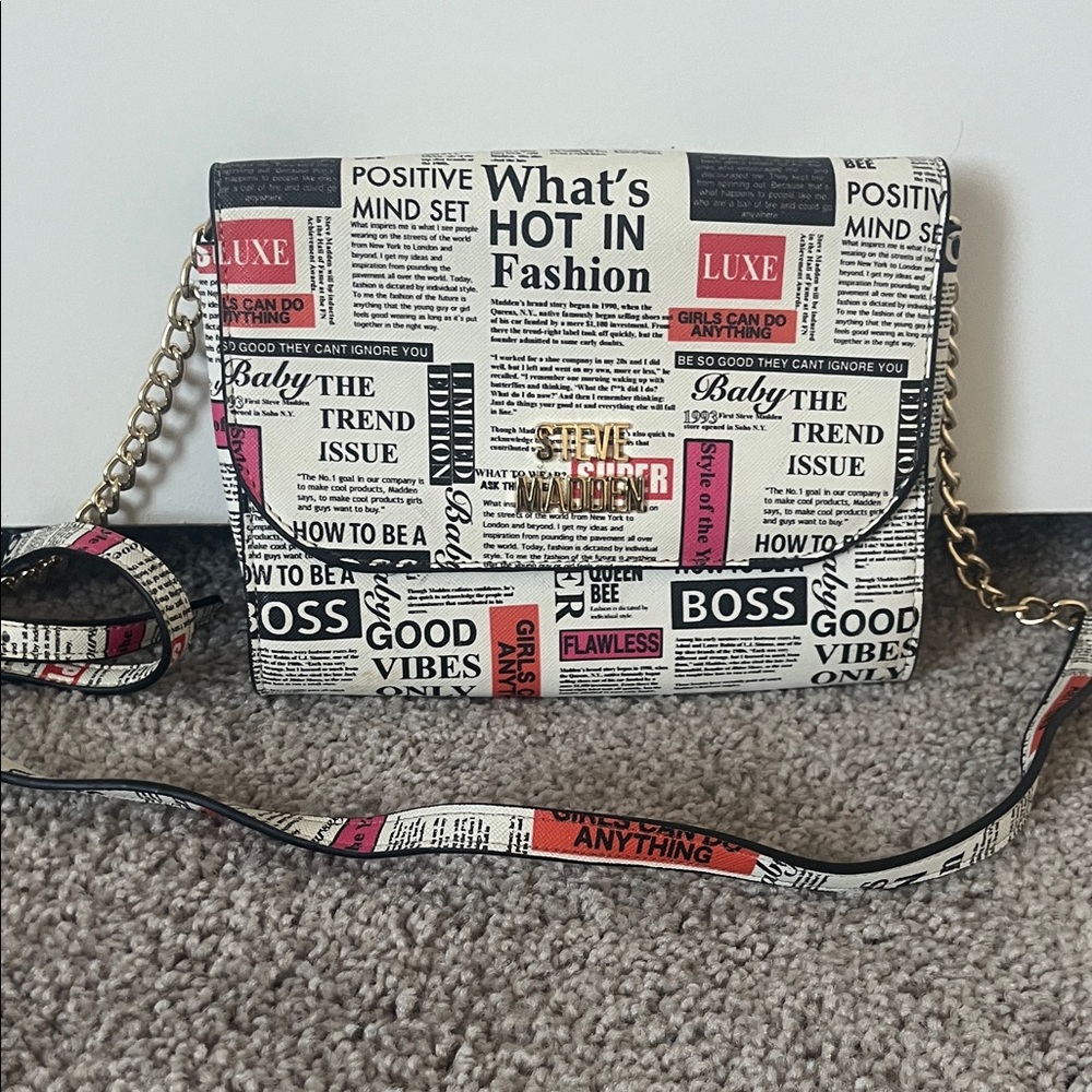 Steve Madden Black and White Newspaper Print Crossbody Bag